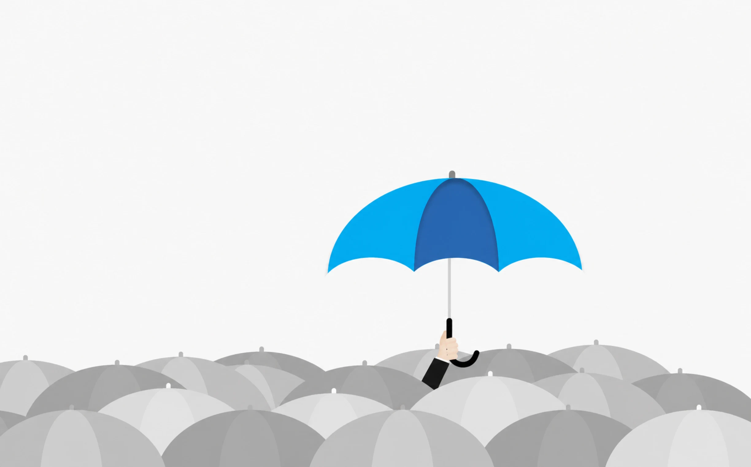 A blue umbrella standing above a crowd of grey umbrellas